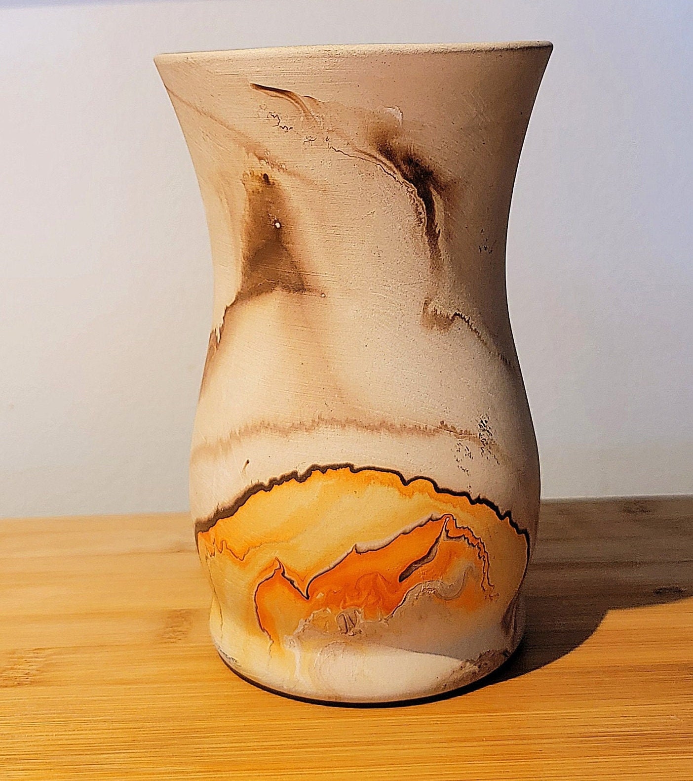 Antique Nemadji Art Pottery Vase Marbled Orange, Yellow, Red