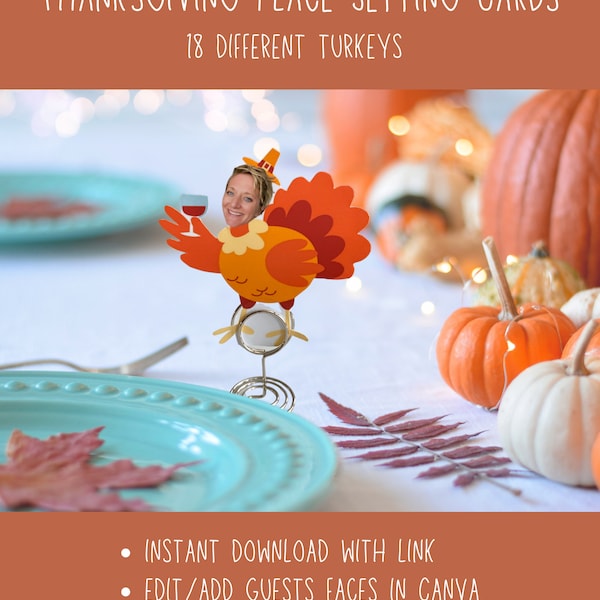 Turkey Place Setting Name Cards for Thanksgiving Dinner Table