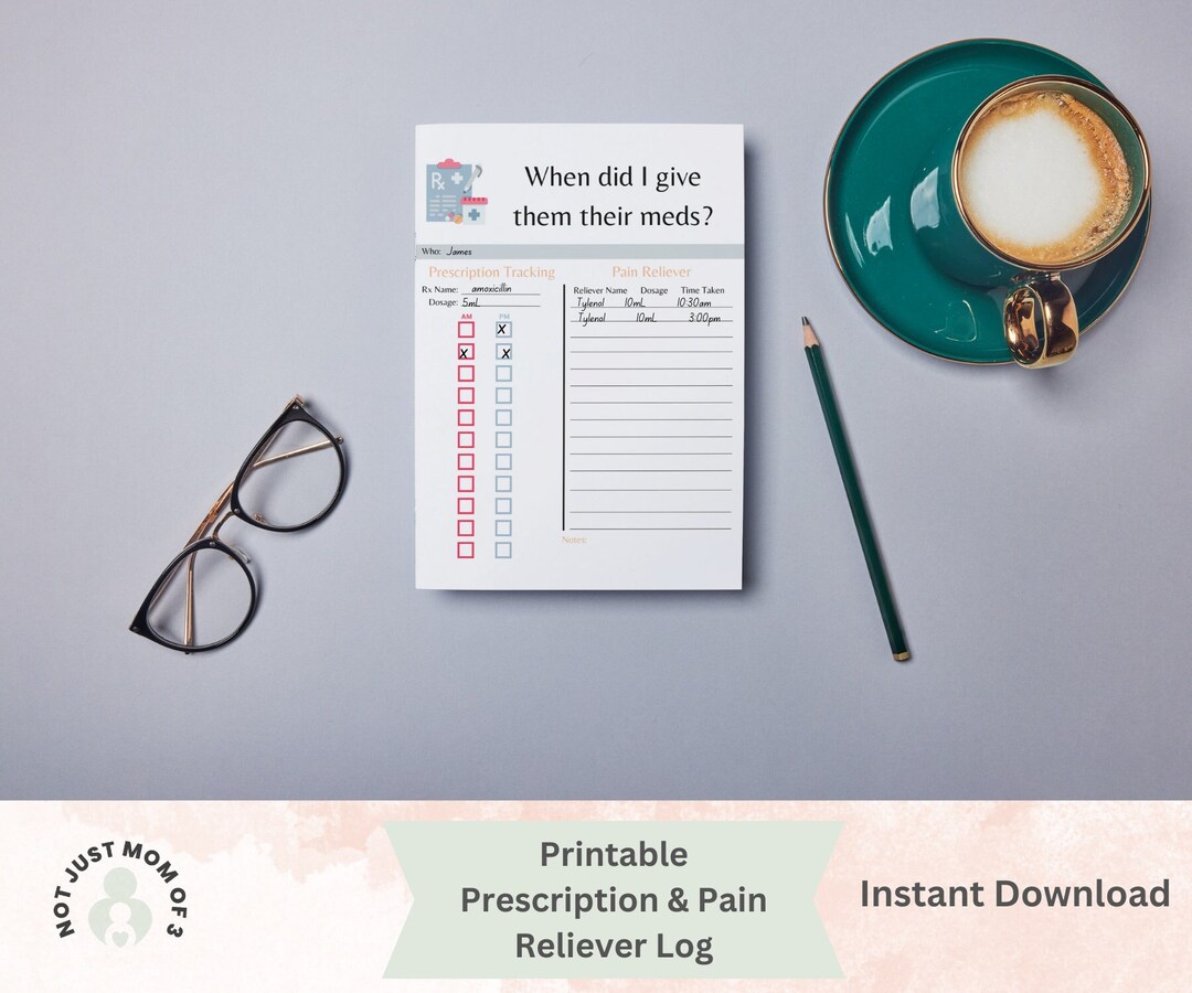 Prescription & Pain Reliever Log, Printable Pain Reliever Log