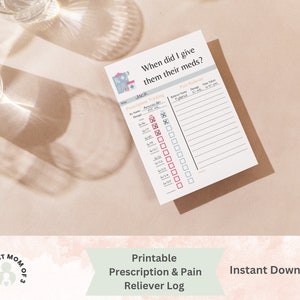 Puede incluir: Un registro de medicamentos y analgésicos imprimible con una lista de verificación para realizar un seguimiento de las horas y las dosis de los medicamentos. El registro tiene el título "¿Cuándo les di sus medicamentos?" e incluye una sección para "Seguimiento de recetas" y "Analgésico".