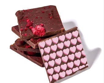 Valentine&#39;s Dark Chocolate Raspberry Bark - Pink Hearts Sea Salt - Vegan Love Gift - Romantic Chocolate Treats
