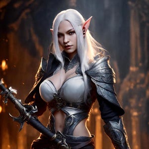 Puede incluir: Una guerrera elfa femenina con el pelo largo y blanco, vestida con una armadura plateada y negra, sosteniendo una espada con un mango negro y una hoja plateada.