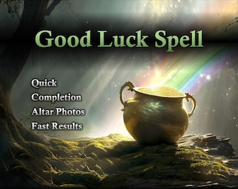 Puede incluir: Una olla de oro rebosante de monedas de oro, con un arcoíris brillando sobre ella. El texto "Good Luck Spell" está en la parte superior de la imagen. Debajo de la olla, se muestra el texto "Quick Completion Altar Photos Fast Results".