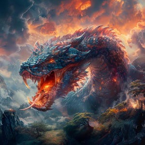 Puede incluir: Pintura digital de un feroz dragón con escamas azules y rojas, sobre un cielo de fuego. La boca del dragón está abierta, revelando llamas, y está rodeado de montañas y árboles. La obra evoca un tema de fantasía.