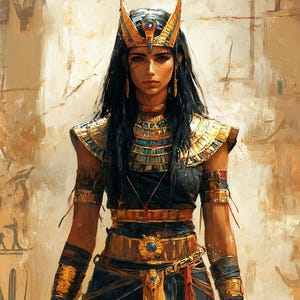 May include: A woman wearing a gold and blue crown and a gold and blue jeweled breastplate. She is wearing a black dress and gold bracelets. The background is a light brown.