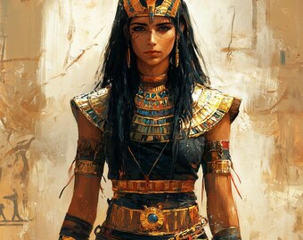 May include: A woman wearing a gold and blue crown and a gold and blue jeweled breastplate. She is wearing a black dress and gold bracelets. The background is a light brown.