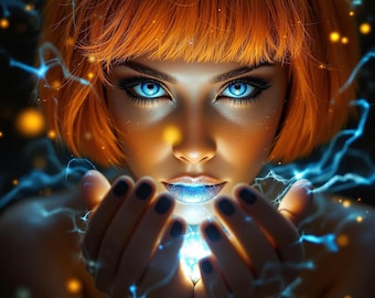 May include: A woman with bright orange hair and blue eyes holds a glowing blue orb in her cupped hands. The background is dark with sparkling lights.