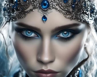 May include: A woman with blue eyes and dark eye makeup wears a silver crown with blue gemstones. Her lips are painted a soft pink.