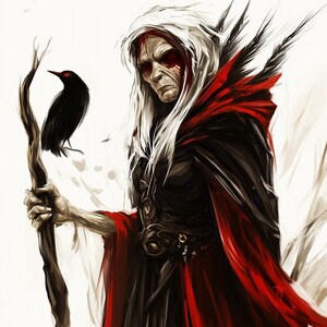 Puede incluir: Una persona mayor con cabello blanco largo y una capa roja sostiene un bastón de madera. Un pájaro negro se posa en el bastón. La persona tiene pintura roja en la cara y parece ser una bruja o un mago.