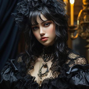 May include: A woman with long black hair and a black lace headpiece wears a black lace dress with a layered silver and black necklace. The background is dark and features a gold candelabra.