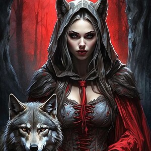 Puede incluir: Una mujer con el pelo largo y negro que lleva una capa roja con capucha y un corsé con cordones rojos. Tiene orejas de lobo y está de pie con un lobo gris.