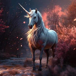 Puede incluir: Unicornio blanco con larga melena y cuerno en espiral en un bosque místico. El fondo presenta un cielo oscuro con toques de follaje rojo y rosa, creando una escena mágica y de fantasía.