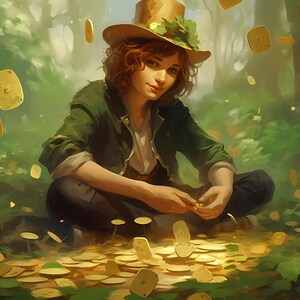 Puede incluir: Una persona joven con una chaqueta verde y un sombrero marrón con una hoja verde se sienta en un lecho de monedas de oro. La persona sonríe y sostiene algunas monedas en su mano. Monedas de oro caen del cielo.