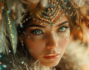 May include: A woman with green eyes and a golden crown of feathers and jewels. Her face is adorned with glitter and jewels.