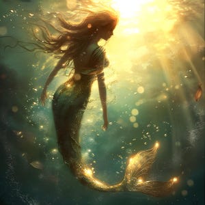 Puede incluir: Representación artística de una sirena nadando bajo el agua. La sirena tiene largo cabello rojizo y una cola verde dorada brillante. La escena está iluminada por la luz del sol que se filtra a través del agua, creando una atmósfera mágica y etérea.