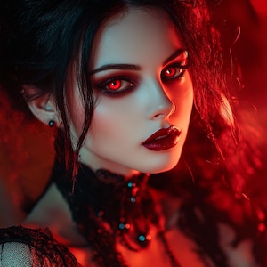 以下が含まれることがあります： 黒いレースのドレスを着た、黒い髪と赤い目の女性。背景は赤くぼやけています。
