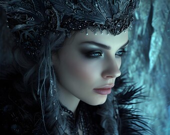 May include: A woman with dark hair and blue eyes wears a black crown with intricate details. She is wearing a black and grey feathered cloak. The background is a blurred blue and white.
