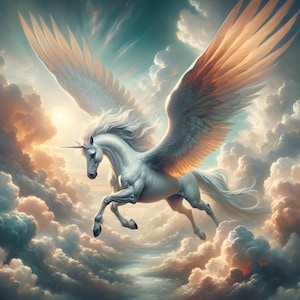 Puede incluir: Un unicornio blanco alado con una melena y cola doradas se eleva a través de un cielo nublado. El unicornio tiene un solo cuerno y se representa con una presencia majestuosa y poderosa.