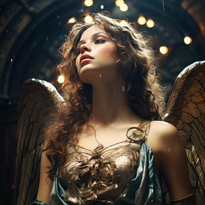 Puede incluir: Una mujer con el pelo largo y castaño y un halo dorado, vestida con un traje azul y dorado con una espalda alada, se encuentra en una habitación tenue con gotas de lluvia cayendo a su alrededor.