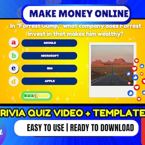 Może przedstawiać: Grafika cyfrowa z tekstem "MAKE MONEY ONLINE" i pytaniem quizu z filmu "Forrest Gump". Quiz oferuje cztery opcje odpowiedzi: Google, Microsoft, IBM i Apple. Grafika zawiera również zdjęcie krajobrazu i ikony mediów społecznościowych.