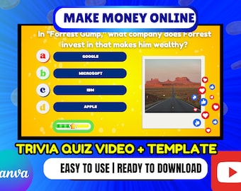 Tjäna pengar online Ansiktslös frågesportskanal YouTube Trivia-video Canva-mall | Filmtrivia-video direktnedladdning Redigerbar massskapande