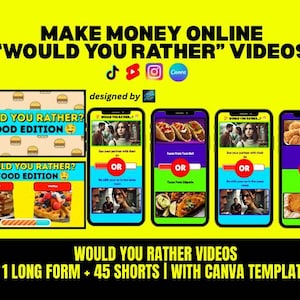 Peut inclure: Une affiche jaune vif promouvant des vidéos "Would You Rather", avec des maquettes de téléphones affichant des questions sur le thème de la nourriture. Le texte comprend "Make Money Online" et "Food Edition", ainsi que des icônes de médias sociaux et le logo Canva.