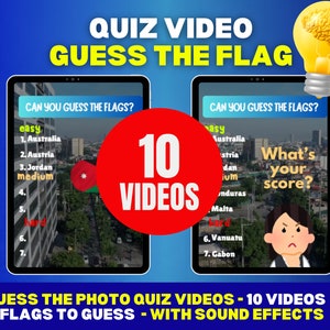 以下が含まれることがあります： 「国旗を当てろ」クイズ動画シリーズを宣伝するデジタルグラフィック。画像には、クイズの質問が表示された2つのタブレット、赤い円に「10 VIDEOS」、脳の電球が写っています。テキストには「写真クイズ動画を当てる - 10動画」が含まれています。