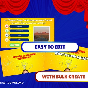 May include: A yellow and blue digital game card with the text "How well do you know these movies?" and a lightbulb graphic. The card is part of a set of printable movie trivia game cards. The text "Easy to edit" and "With bulk create" is also visible on the image.