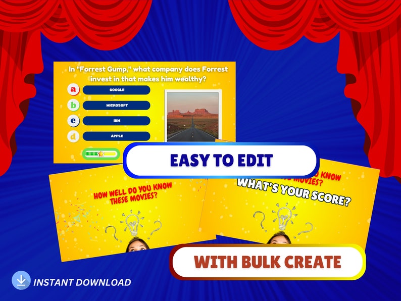 May include: A yellow and blue digital game card with the text "How well do you know these movies?" and a lightbulb graphic. The card is part of a set of printable movie trivia game cards. The text "Easy to edit" and "With bulk create" is also visible on the image.