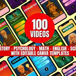 Peut inclure: Plusieurs smartphones affichent des applications de quiz éducatifs. Les applications couvrent l'histoire, la psychologie, les mathématiques, l'anglais et les sciences, avec des modèles Canva modifiables. Un cercle rouge au centre indique "100 VIDEOS".