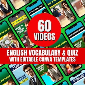 60 English Lessons Quiz Videos | Canva Templates | Language Vocabulary Grammar Tests and Lessons | Basic and Advanced