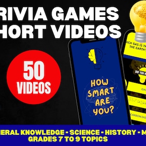 Pode incluir: Imagem que promove jogos de trivia com o texto "TRIVIA GAMES SHORT VIDEOS". A imagem apresenta dois smartphones exibindo perguntas de trivia. Um c&iacute;rculo vermelho exibe "50 VIDEOS". A faixa inferior diz "GENERAL KNOWLEDGE - SCIENCE - HISTORY - MATH GRADES 7 TO 9 TOPICS".