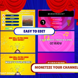May include: A set of five colorful YouTube intro slides with text that reads "Easy to Edit", "How well do you know these movies?", "Celebrity Trivia Game Get Ready!", "How well do you know these movies? What's your score?", and "Subscribe Monetize your channel".