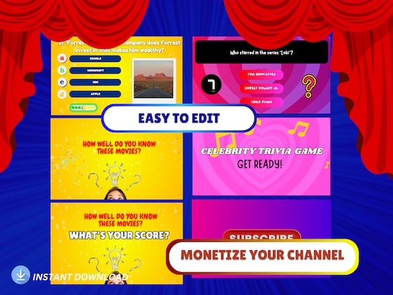 Make Money Online Faceless Quiz Channel YouTube Trivia Canva Template | 2  Trivia Videos and Editable Bulk Create Canva Templates Automation