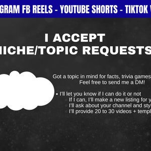 Pode incluir: Imagem com texto: INSTAGRAM FB REELS - YOUTUBE SHORTS - TIKTOK VIDEO. Texto: ACEITO PEDIDOS DE NICHO/T&Oacute;PICO! Inclui um bal&atilde;o de pensamento e texto: Tem um t&oacute;pico em mente para fatos, jogos de trivia ou quiz? Sinta-se &agrave; vontade para me enviar uma DM!
