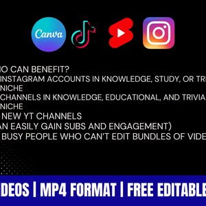 Pode incluir: Gr&aacute;fico preto com os logotipos Canva, TikTok, YouTube e Instagram. O texto inclui "Quem pode se beneficiar?" e marcadores para contas do Instagram, canais do YouTube e pessoas ocupadas. O texto inferior diz "50 v&iacute;deos | Formato MP4 | Link edit&aacute;vel gr&aacute;tis."