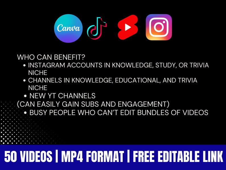 Pode incluir: Gr&aacute;fico preto com os logotipos Canva, TikTok, YouTube e Instagram. O texto inclui "Quem pode se beneficiar?" e marcadores para contas do Instagram, canais do YouTube e pessoas ocupadas. O texto inferior diz "50 v&iacute;deos | Formato MP4 | Link edit&aacute;vel gr&aacute;tis."