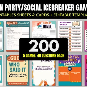 Ultimate Party Games Social Mixer | 200 Printable Icebreaker & Party Game Cards | Conversation Starters | Trivia Games Dares With Templates
