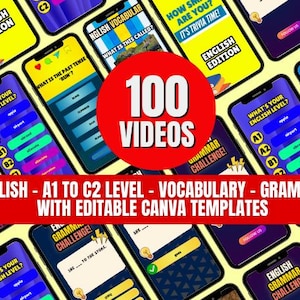 Puede incluir: Smartphones que muestran contenido de aprendizaje de inglés, incluyendo vocabulario y desafíos de gramática. Un círculo rojo en el centro dice "100 VIDEOS". La pancarta en la parte inferior dice "ENGLISH - A1 TO C2 LEVEL - VOCABULARY - GRAMMAR WITH EDITABLE CANVA TEMPLATES".