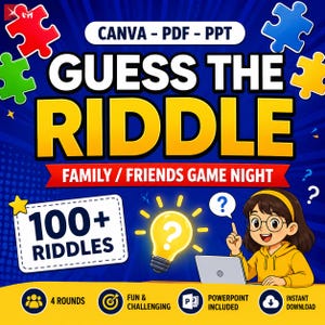 May include: A vibrant graphic promoting a game night activity. The text "GUESS THE RIDDLE" is prominently displayed in yellow, with supporting text indicating "FAMILY / FRIENDS GAME NIGHT" and "100+ RIDDLES". The image includes puzzle pieces, a lightbulb, and a cartoon character.