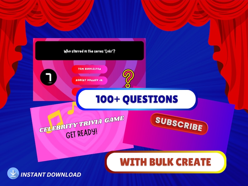 May include: A pink and blue graphic with the text "Celebrity Trivia Game Get Ready!" and "100+ Questions". A red button with the text "Subscribe" and a brown button with the text "With Bulk Create".
