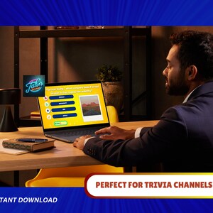 May include: A person is taking a trivia quiz on a laptop computer. The screen shows a question about Forrest Gump and the text "What company does Forrest invest in that makes him wealthy?" with multiple choice answers. The laptop is on a wooden desk with a pen and a notebook.