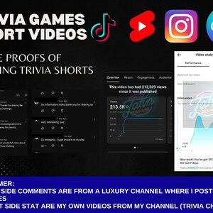 Pode incluir: Imagem promocional de "Trivia Games Short Videos" com &iacute;cones de m&iacute;dia social. Capturas de tela mostram an&aacute;lises de v&iacute;deo, coment&aacute;rios e o texto "This video has had 213,529 views." A isen&ccedil;&atilde;o de responsabilidade explica os coment&aacute;rios.