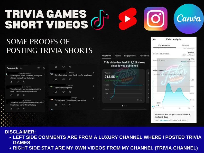 Pode incluir: Imagem promocional de "Trivia Games Short Videos" com &iacute;cones de m&iacute;dia social. Capturas de tela mostram an&aacute;lises de v&iacute;deo, coment&aacute;rios e o texto "This video has had 213,529 views." A isen&ccedil;&atilde;o de responsabilidade explica os coment&aacute;rios.