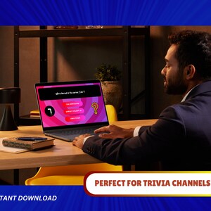 May include: A person is taking a trivia quiz on a laptop computer. The screen shows a question with four multiple choice answers. The question is "Who starred in the series 'Lost'?" The answer choices are "Eva Longoria", "Emily Blunt", "Josh Holloway", and "Chris Evans". The correct answer is highlighted in pink. The question is set against a pink and purple background.