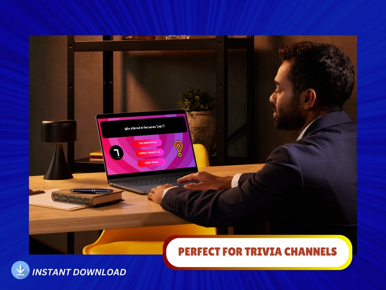 May include: A person is taking a trivia quiz on a laptop computer. The screen shows a question with four multiple choice answers. The question is "Who starred in the series 'Lost'?" The answer choices are "Eva Longoria", "Emily Blunt", "Josh Holloway", and "Chris Evans". The correct answer is highlighted in pink. The question is set against a pink and purple background.