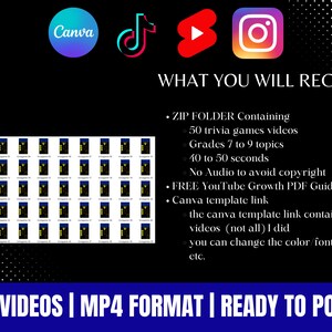 Pode incluir: An&uacute;ncio de produto digital com logotipos Canva, TikTok, YouTube e Instagram. O texto detalha uma pasta zip com 50 v&iacute;deos de jogos de trivia, temas de 7&ordf; a 9&ordf; s&eacute;rie, e um guia gratuito de crescimento no YouTube. Pronto para postar.