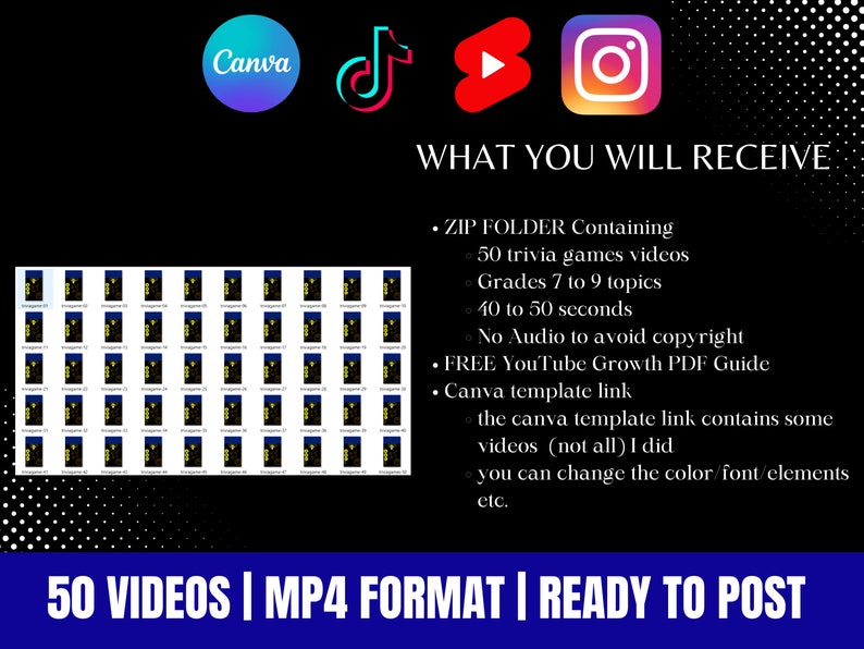 Pode incluir: An&uacute;ncio de produto digital com logotipos Canva, TikTok, YouTube e Instagram. O texto detalha uma pasta zip com 50 v&iacute;deos de jogos de trivia, temas de 7&ordf; a 9&ordf; s&eacute;rie, e um guia gratuito de crescimento no YouTube. Pronto para postar.