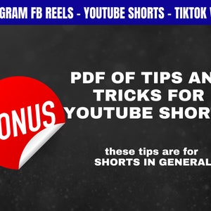 Pode incluir: Imagem com texto: "INSTAGRAM FB REELS - YOUTUBE SHORTS - TIKTOK VIDEO." Um c&iacute;rculo vermelho com a palavra "BONUS" e um canto descascado. O texto diz "PDF OF TIPS AND TRICKS FOR YOUTUBE SHORTS" e "these tips are for SHORTS IN GENERAL."