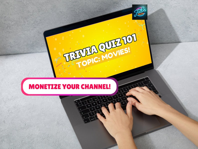 May include: A person is typing on a laptop computer with a bright yellow screen that says "Trivia Quiz 101 TOPIC: MOVIES!" and a pink banner that says "MONETIZE YOUR CHANNEL!"